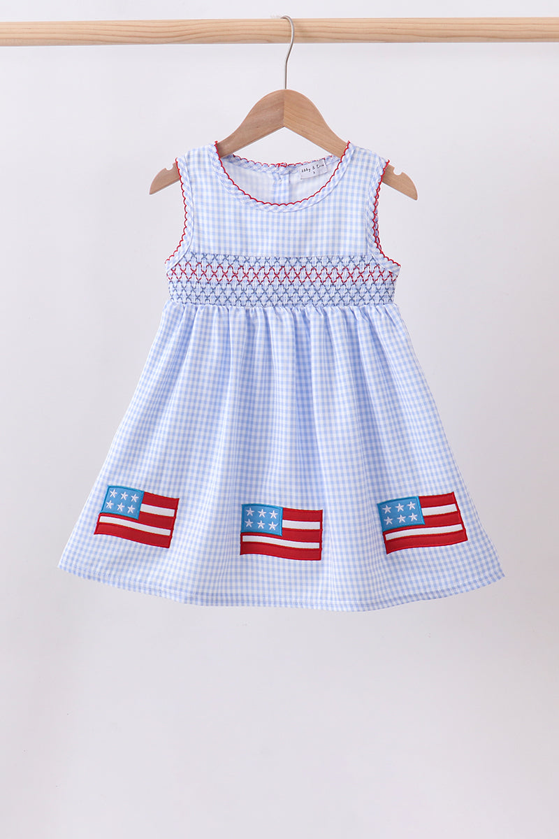 Blue flag smocked woven gingham dress - ARIA KIDS