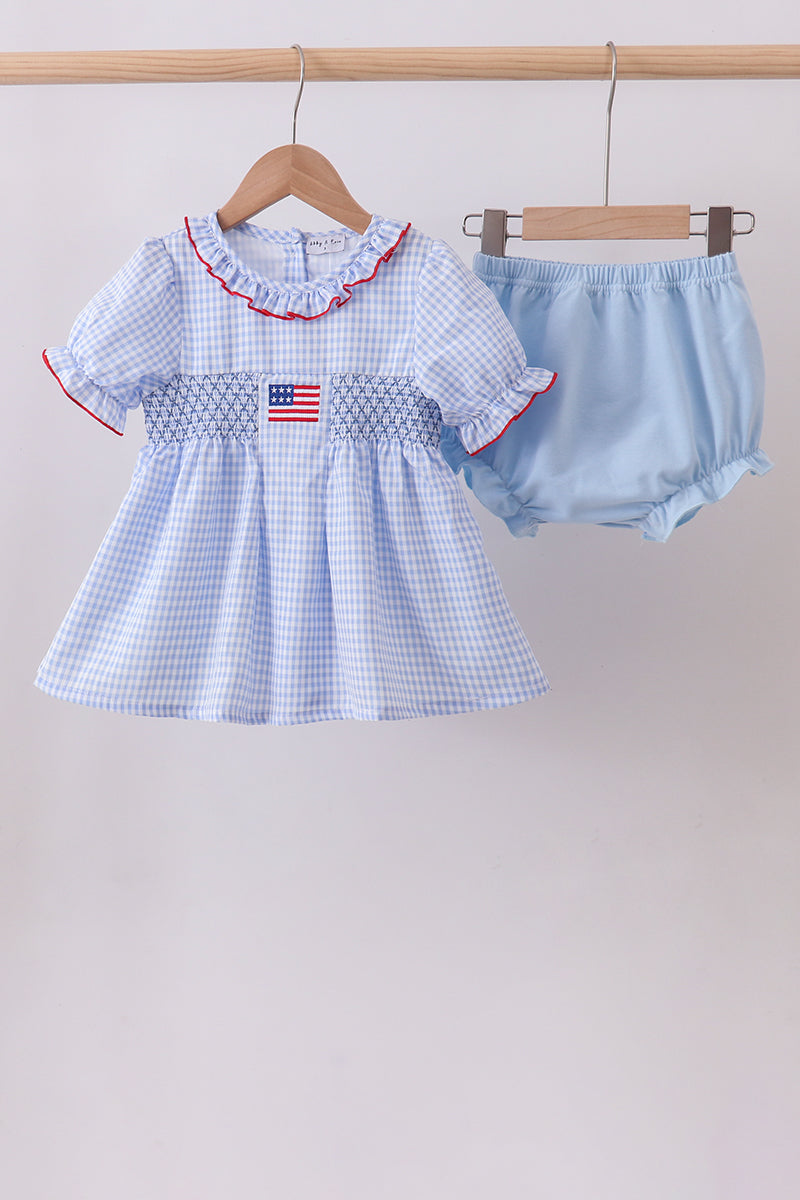 Blue flag smocked ruffle bloomer set - ARIA KIDS