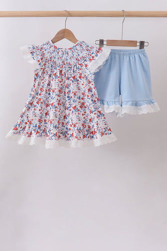 Blue floral lace smocked shorts set - ARIA KIDS