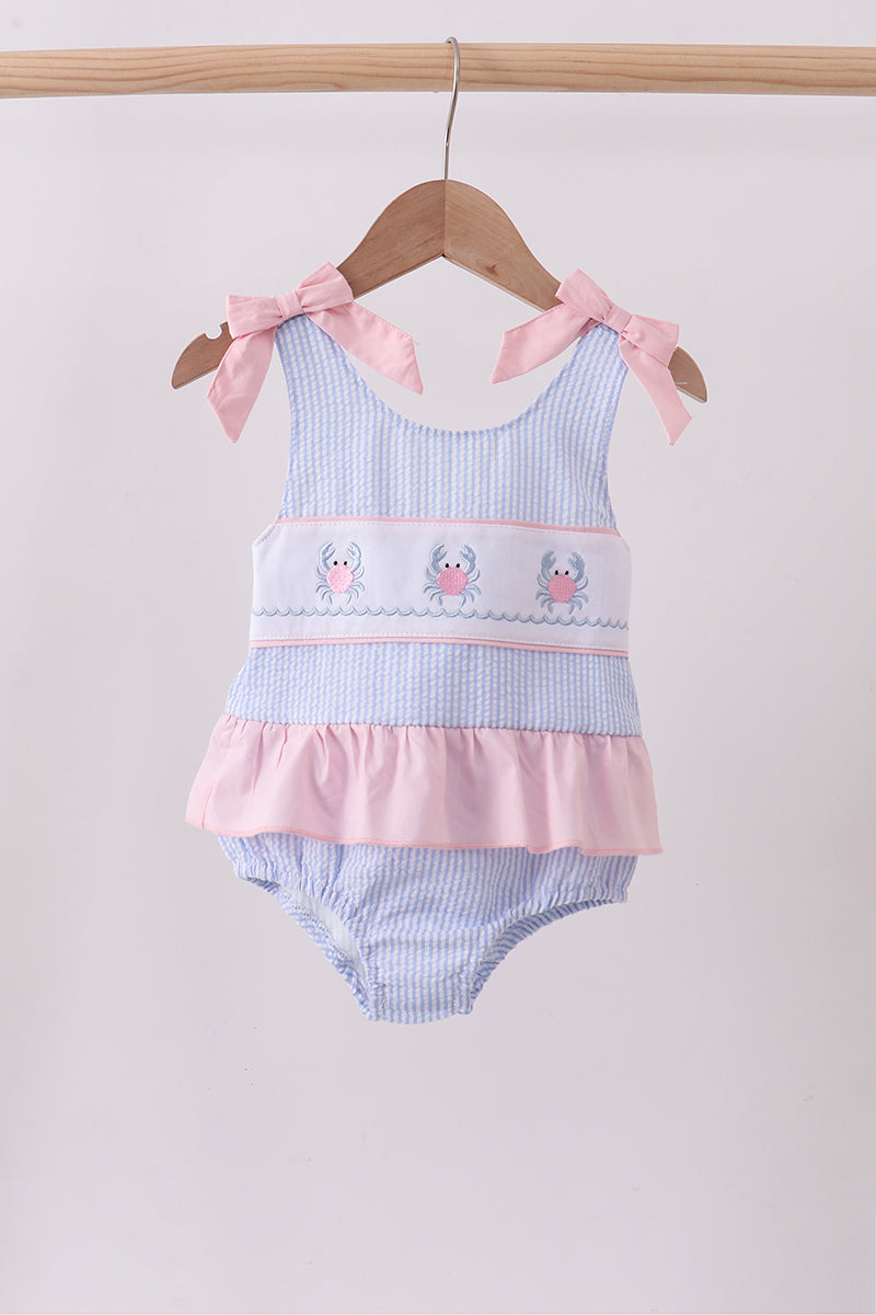Blue stripe seersucker crab embroidery swimsuit - ARIA KIDS