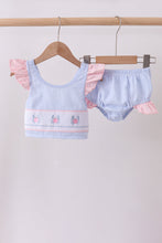 Blue stripe seersucker crab embroidery 2pc ruffle swimsuit - ARIA KIDS