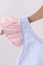 Blue stripe seersucker crab embroidery 2pc ruffle swimsuit - ARIA KIDS