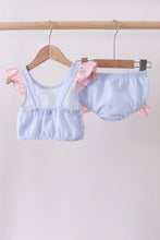 Blue stripe seersucker crab embroidery 2pc ruffle swimsuit - ARIA KIDS