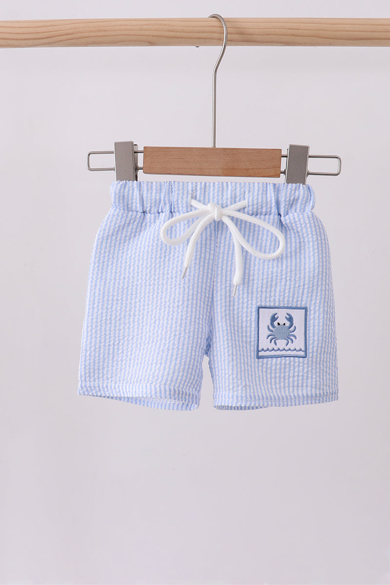 Blue stripe seersucker crab embroidery swim trunks - ARIA KIDS
