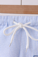 Blue stripe seersucker crab embroidery swim trunks - ARIA KIDS