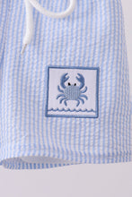 Blue stripe seersucker crab embroidery swim trunks - ARIA KIDS