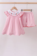 Pink fireworks flag smocked jacquard scalloped ruffle shorts set - ARIA KIDS