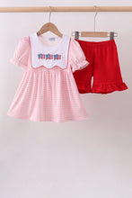 Pink flag embroidery gingham ruffle shorts set - ARIA KIDS