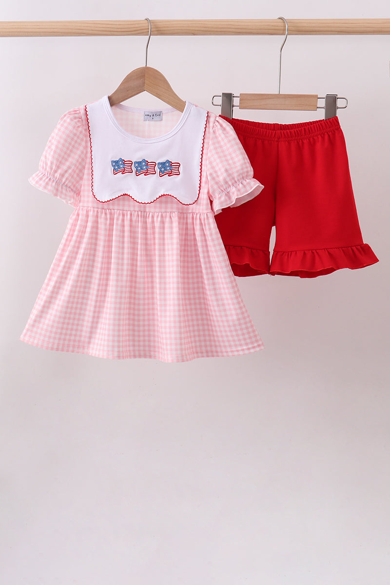 Pink flag embroidery gingham ruffle shorts set - ARIA KIDS