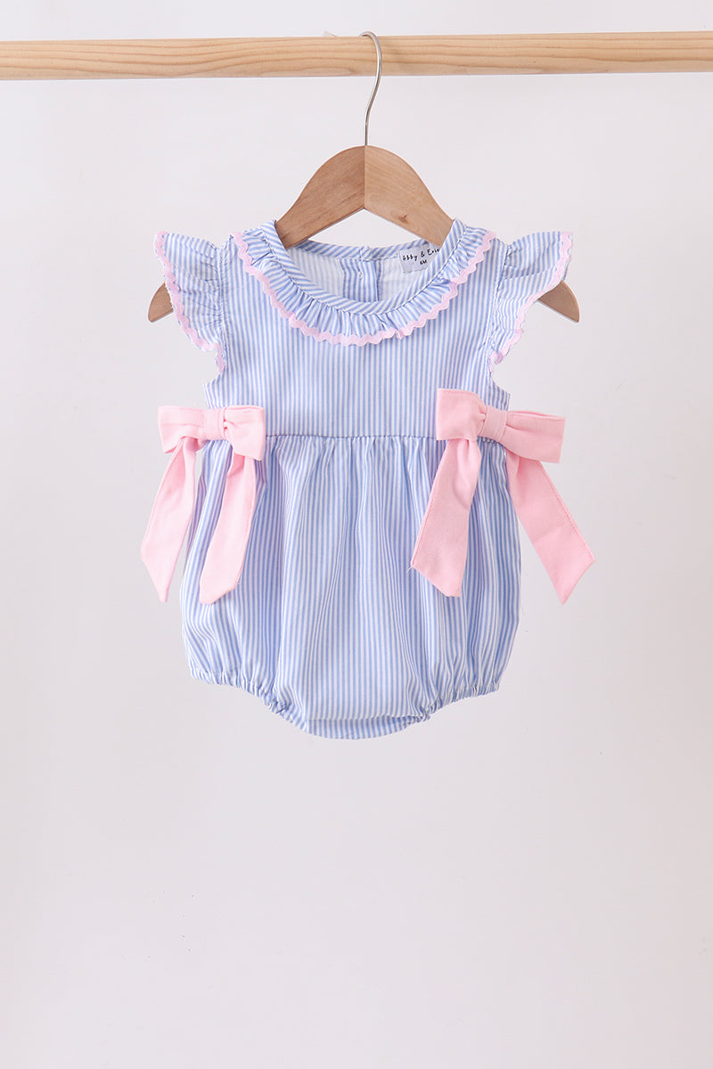 Blue Stripe Bow Seersucker Ruffle Bubble - ARIA KIDS