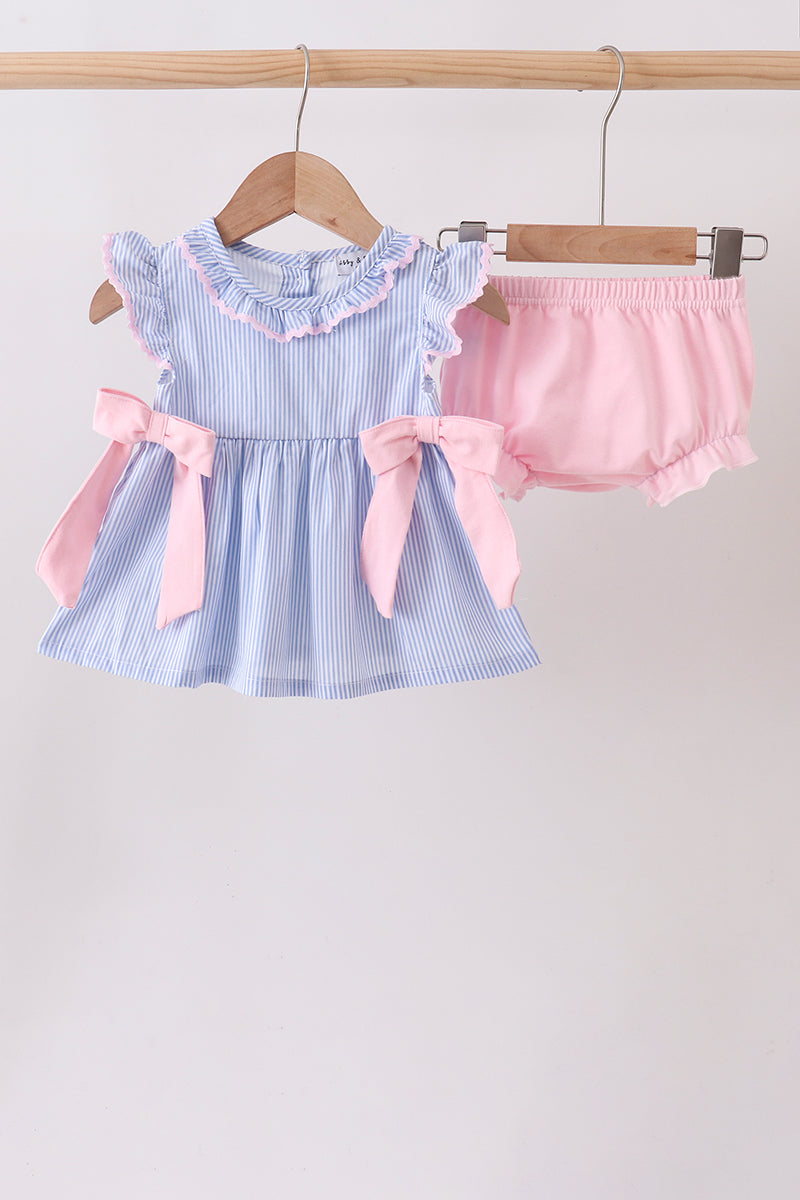 Blue Stripe Bow Seersucker Bloomer Set - ARIA KIDS
