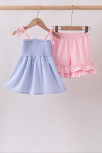 Blue Stripe Bow Smocked Seersucker Ruffle Shorts Set - ARIA KIDS