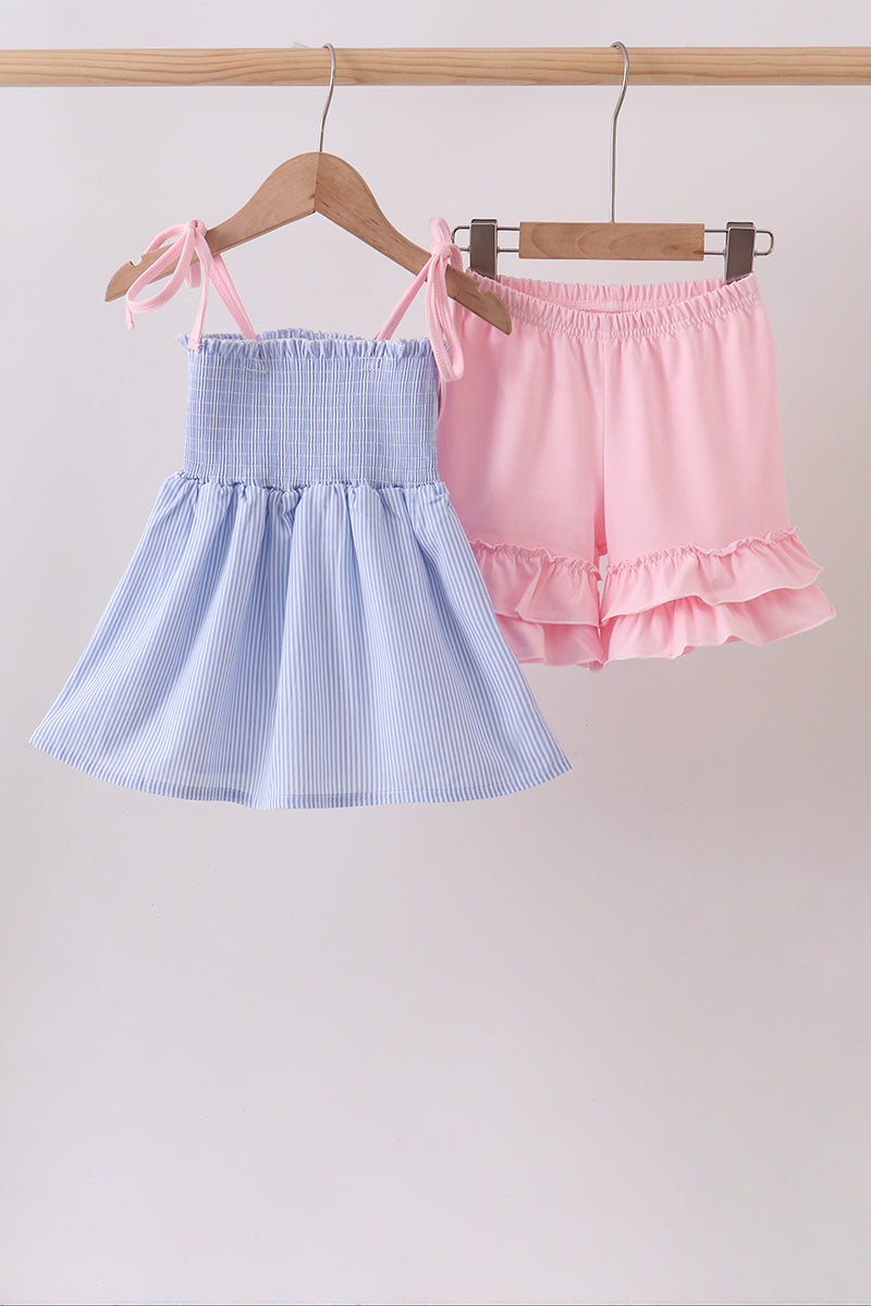 Blue Stripe Bow Smocked Seersucker Ruffle Shorts Set - ARIA KIDS
