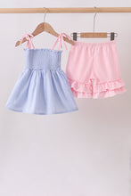Blue Stripe Bow Smocked Seersucker Ruffle Shorts Set - ARIA KIDS