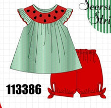 Green Watermelon Stripe Smocked Embroidered Seersucker Set