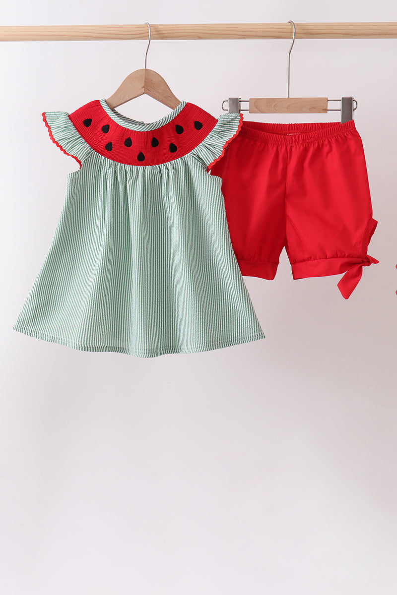 Green Watermelon Stripe Smocked Embroidered Seersucker Set - ARIA KIDS