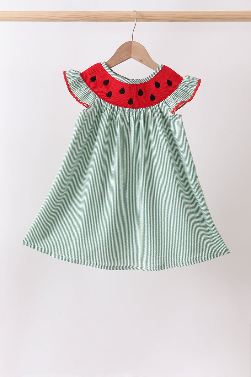 Green Watermelon Stripe Smocked Embroidered Seersucker Dress - ARIA KIDS