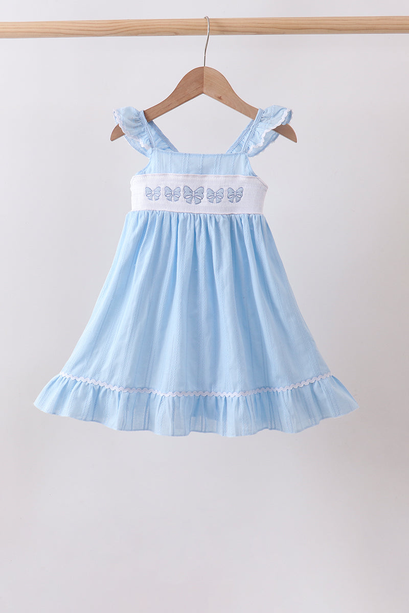 Blue Bow Smocked Embroidered Jacquard Dress - ARIA KIDS