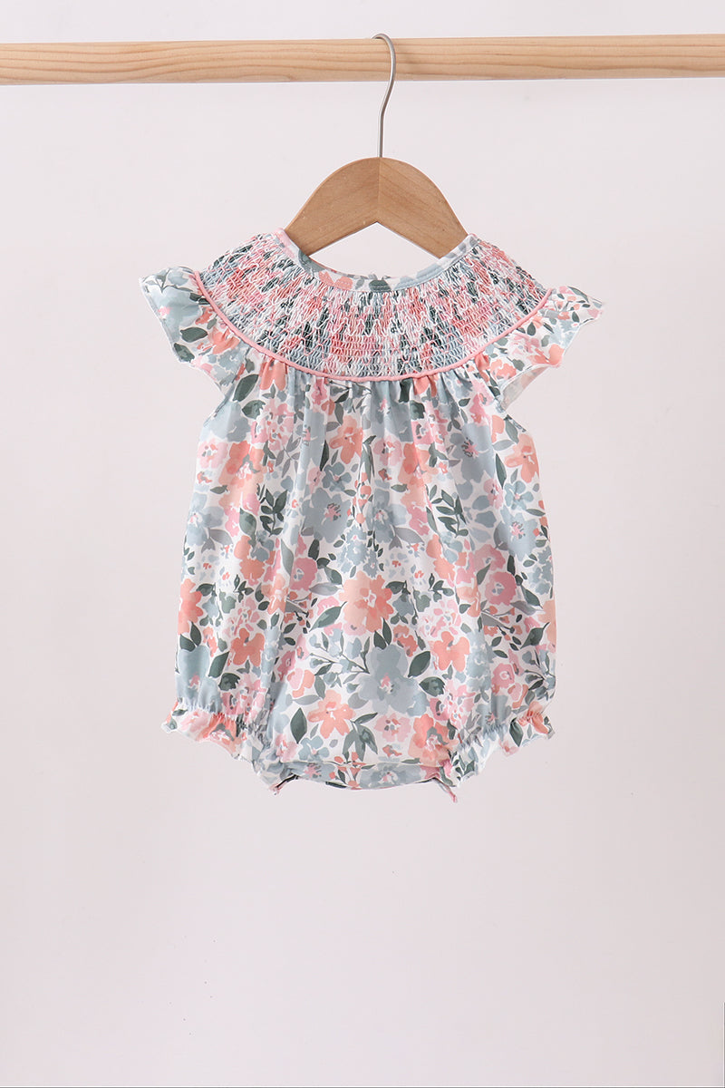 Pink Floral Smocked Knit Bubble - ARIA KIDS
