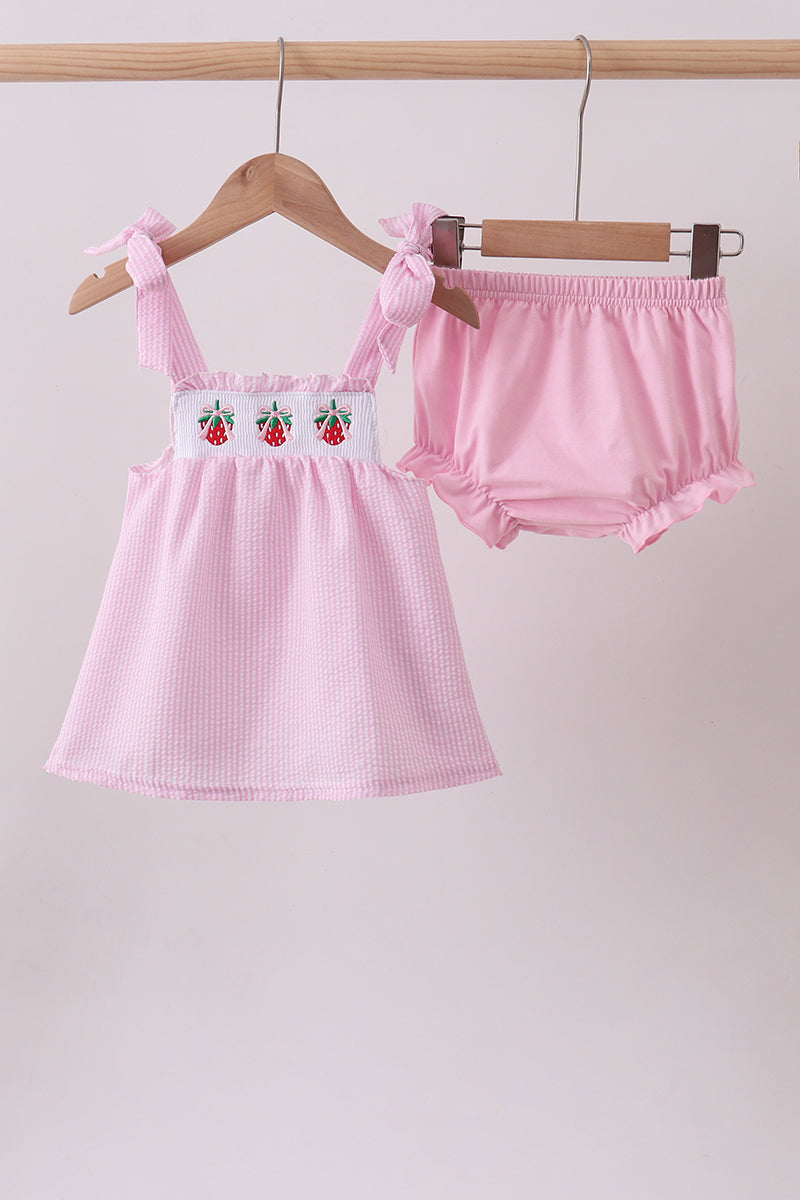 Pink stripe seersucker strawberry smocked bloomer set - ARIA KIDS