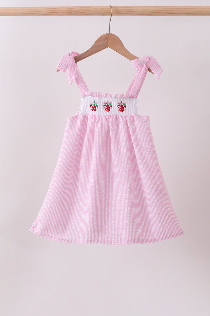 Pink stripe seersucker strawberry smocked dress - ARIA KIDS