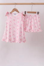 Pink bow print scalloped ruffle shorts set - ARIA KIDS