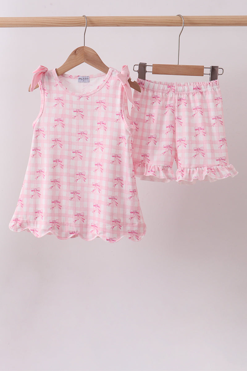 Pink bow print scalloped ruffle shorts set - ARIA KIDS