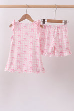 Pink bow print scalloped ruffle shorts set - ARIA KIDS