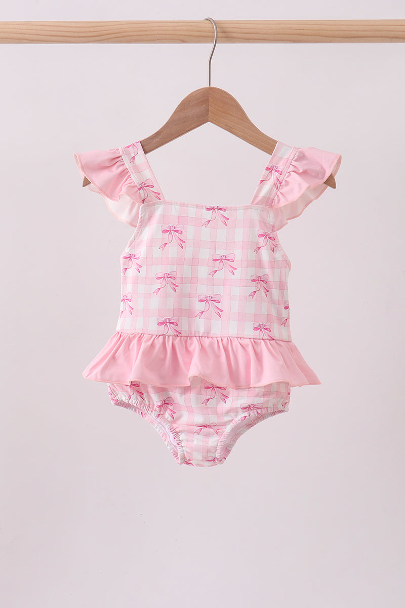 Pink bow print ruffle one-piece swimsuit - ARIA KIDS