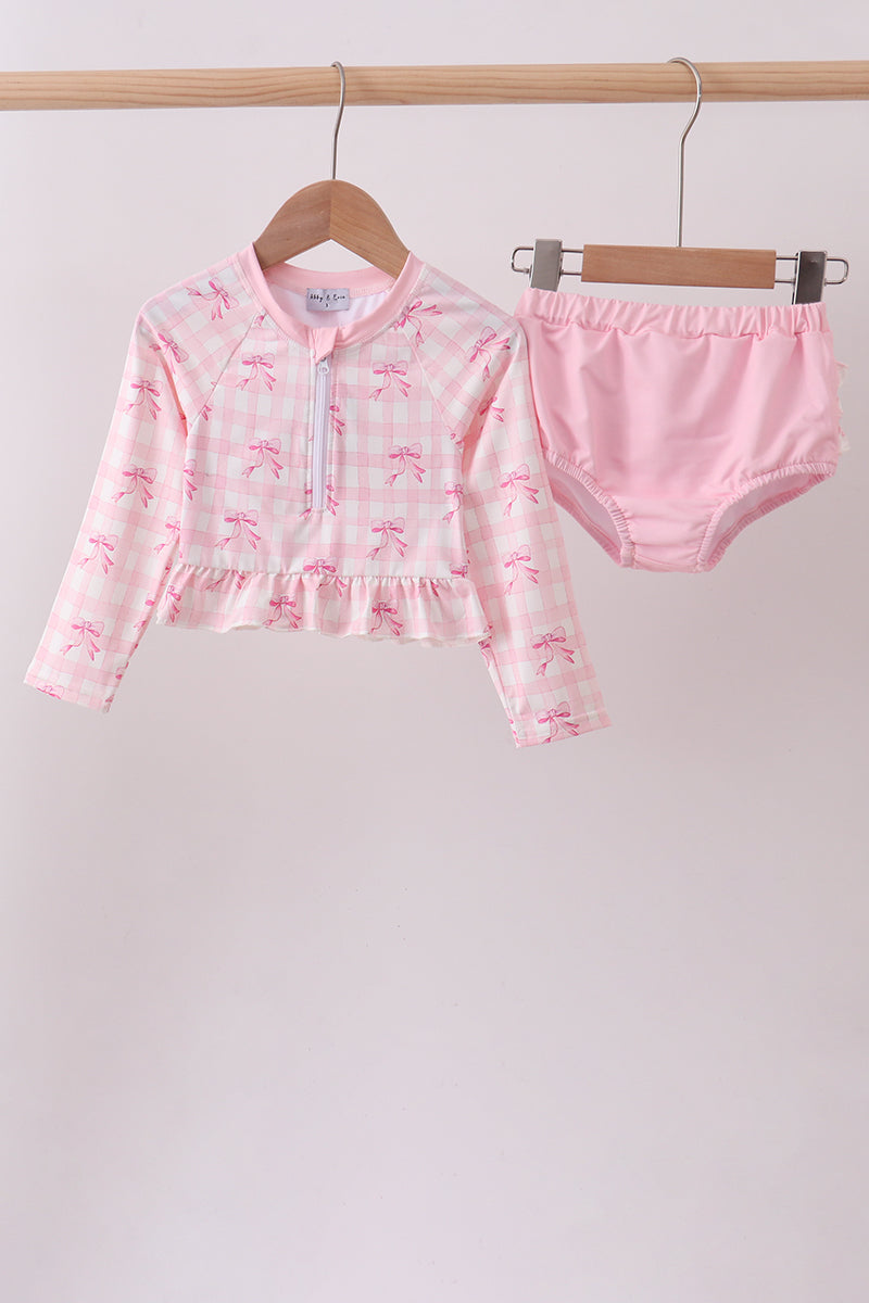Pink bow print ruffle zipper 2pc swimsuit - ARIA KIDS