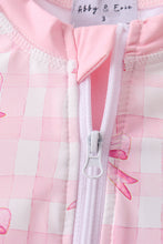 Pink bow print ruffle zipper 2pc swimsuit - ARIA KIDS