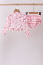 Pink bow print ruffle zipper 2pc swimsuit - ARIA KIDS