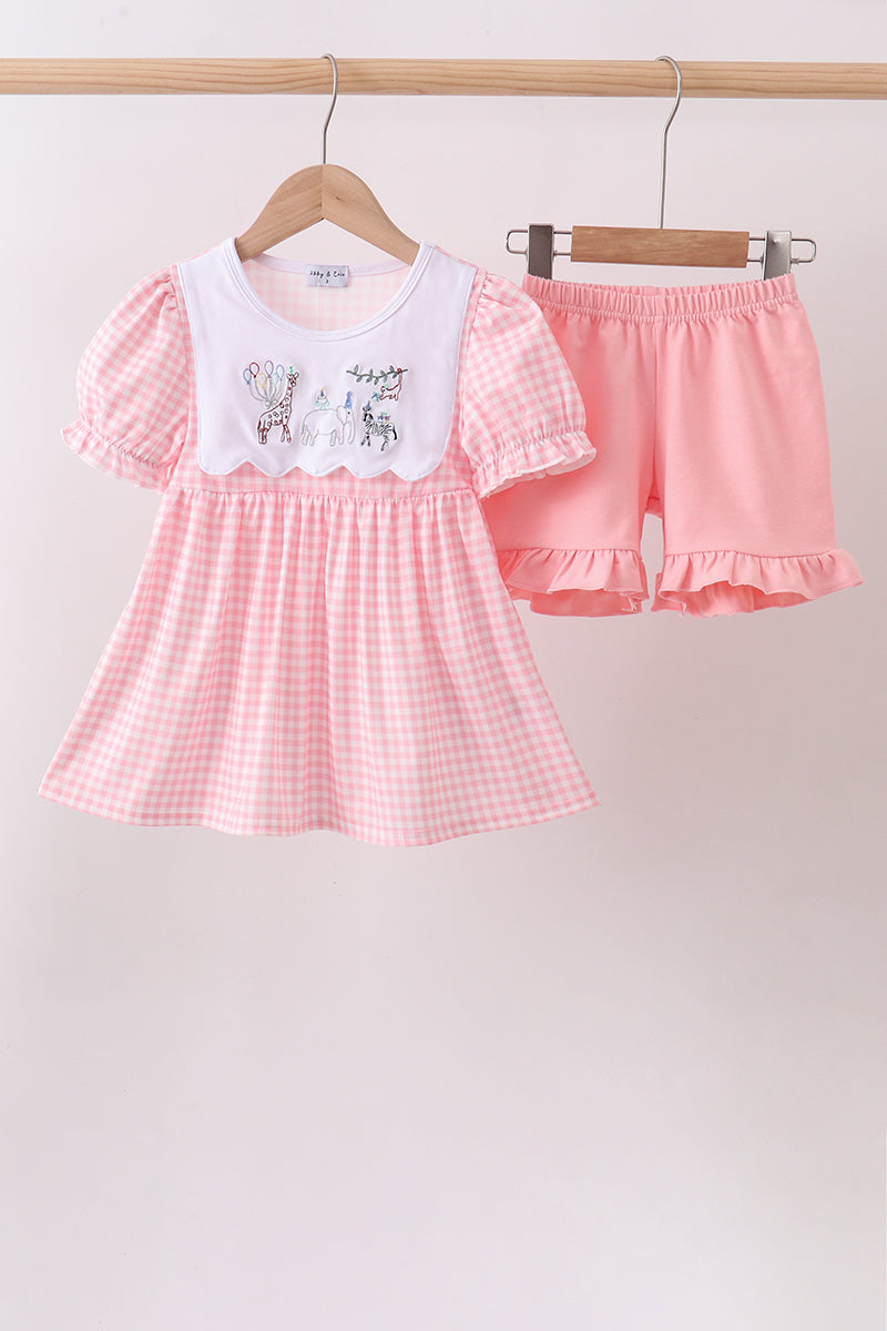 Pink Gingham Animal Embroidered Set - ARIA KIDS