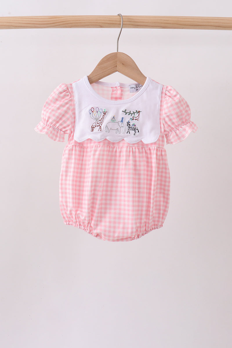 Pink Gingham Animal Embroidered Bubble - ARIA KIDS