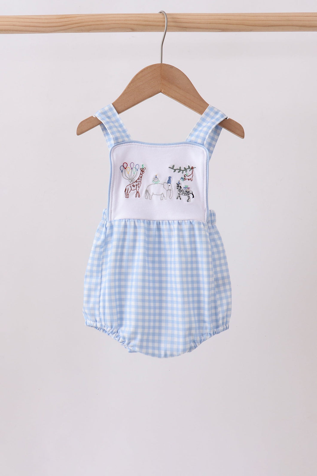 Blue Gingham Animal Embroidered Bubble - ARIA KIDS
