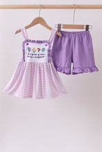 Purple floral embroidery gingham ruffle shorts set - ARIA KIDS