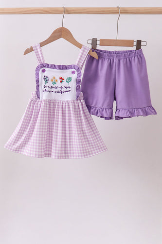 Purple floral embroidery gingham ruffle shorts set - ARIA KIDS