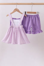 Purple floral embroidery gingham ruffle shorts set - ARIA KIDS