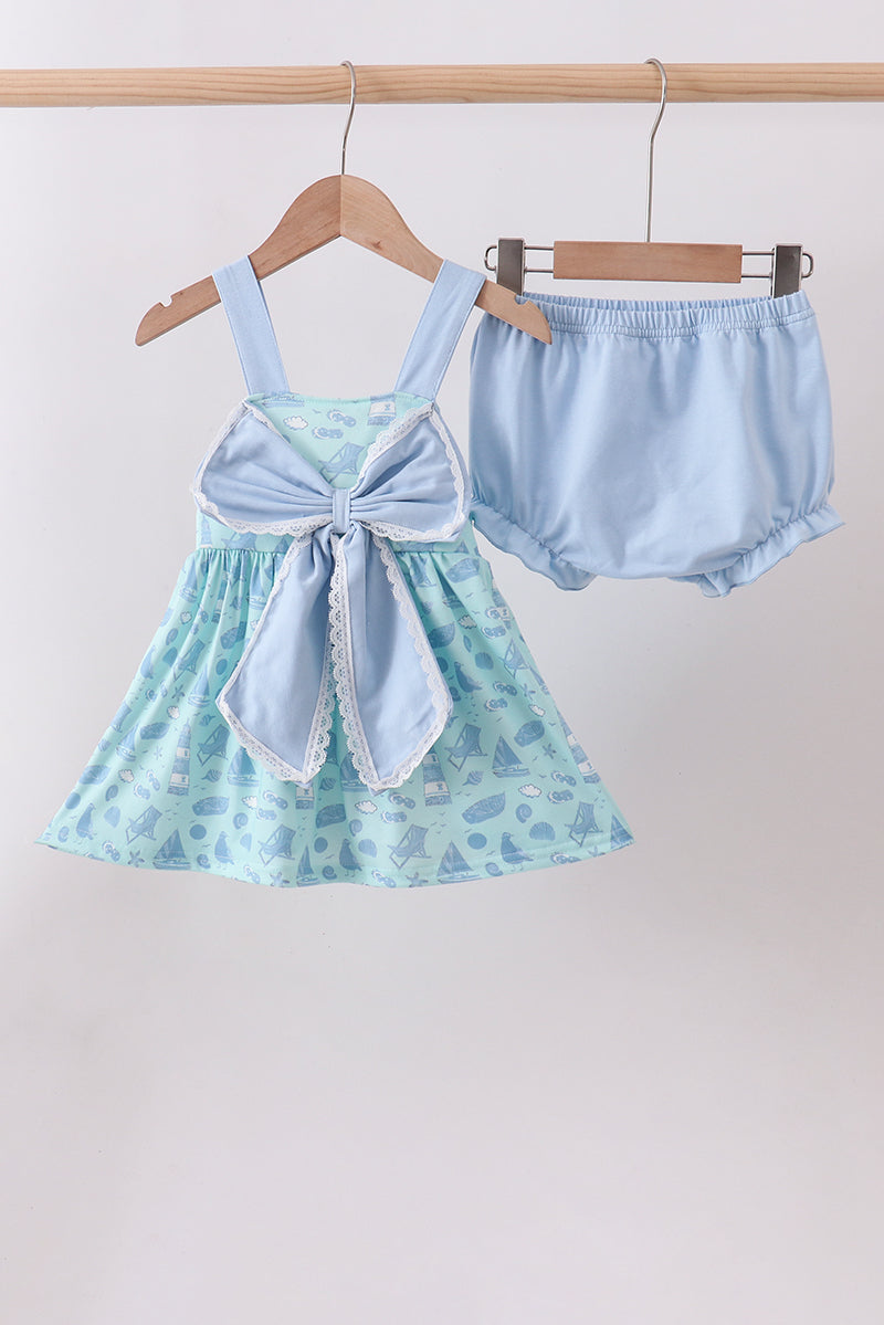 Blue beach print bow bloomer set - ARIA KIDS