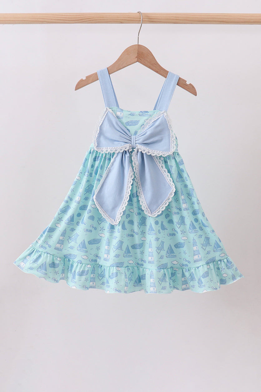 Blue beach print bow ruffle dress - ARIA KIDS