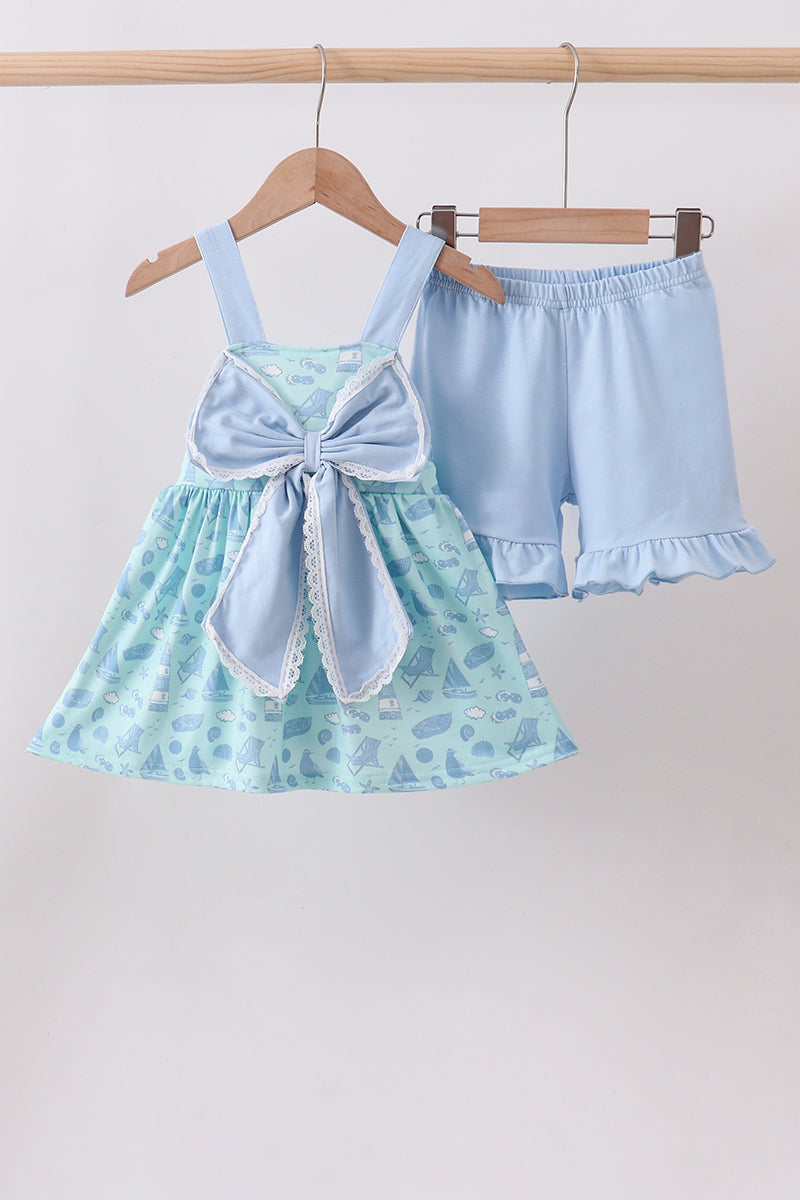 Blue beach print bow ruffle shorts set - ARIA KIDS
