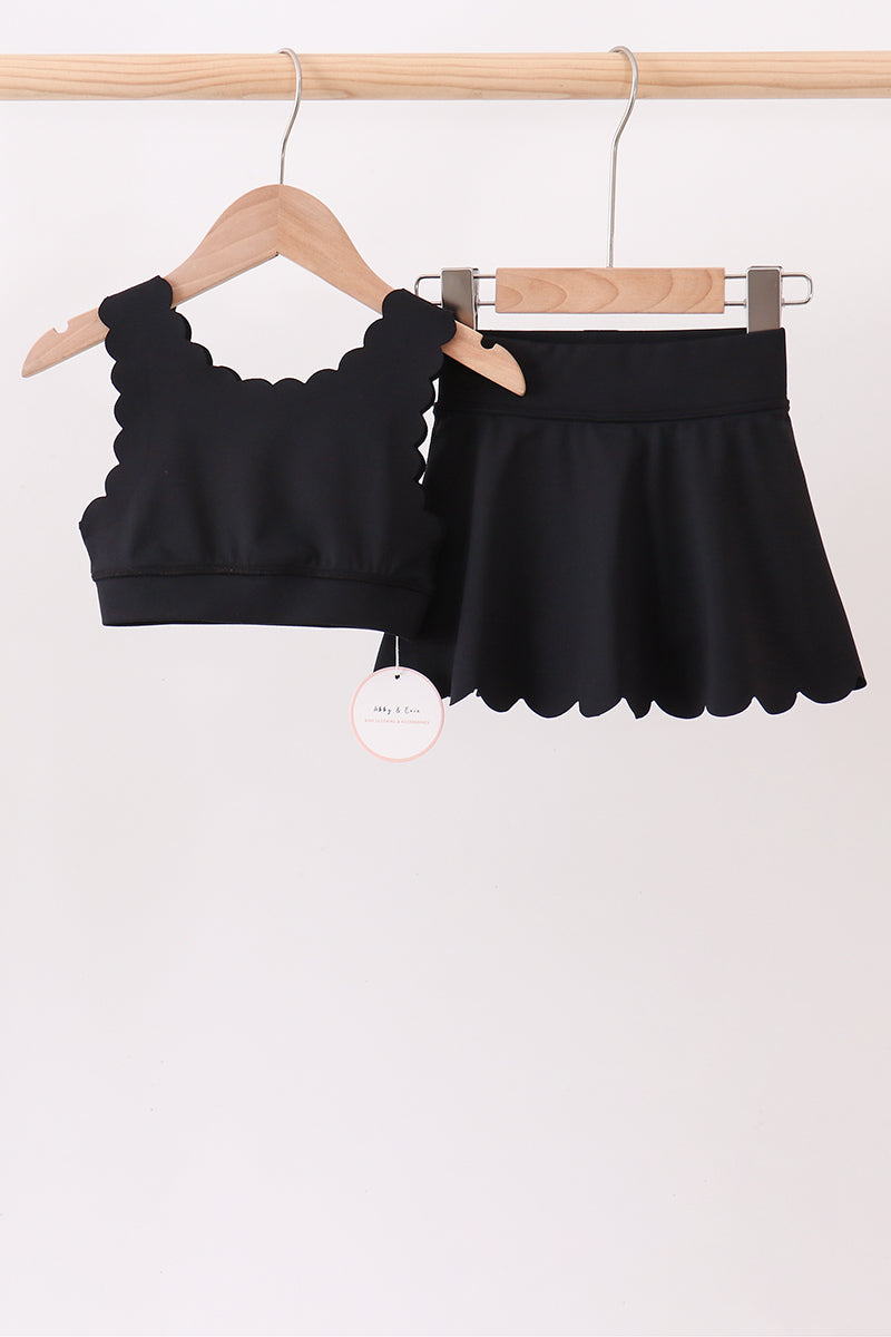 Black Scalloped Yoga Skorts Set - ARIA KIDS