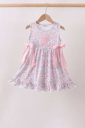 Pink Floral Bow Applique Bow Dress - ARIA KIDS