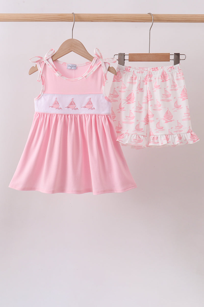 Pink Sailboat Embroidered Set - ARIA KIDS