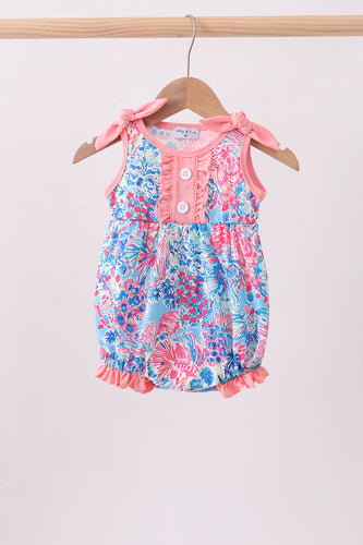 Pink tropical floral print ruffle bow bubble - ARIA KIDS