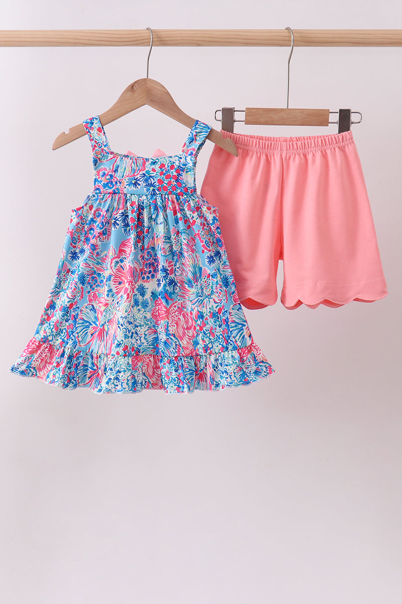 Pink tropical floral print ruffle shorts set - ARIA KIDS