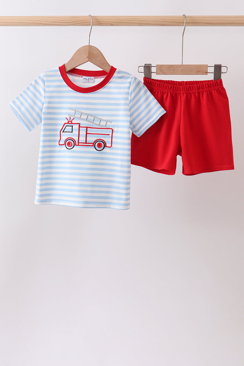 Blue Fire Engine Stripe Embroidered Set - ARIA KIDS