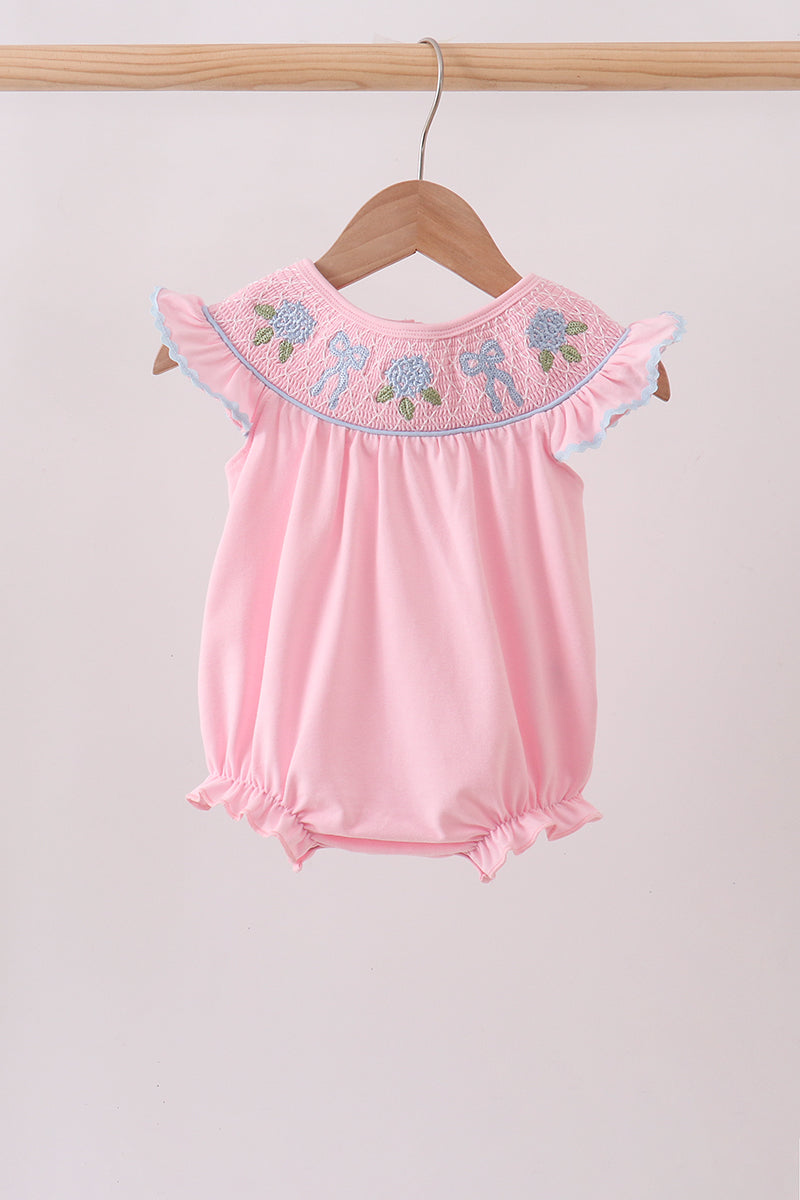 Pink Hydrangea Bow Smocked Bubble - ARIA KIDS