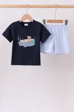 Navy Puppy Applique Seersucker Set