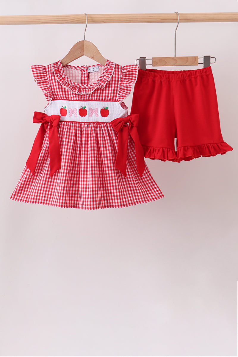 Red Apple Bow Smocked Gingham Ruffle Shorts Set - ARIA KIDS